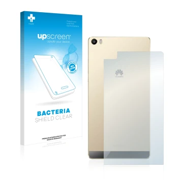 Face avant d’un emballage produit avec le logo de la marque upscreen. À côté, l’appareil Huawei P8 Max (Arrière) est représent