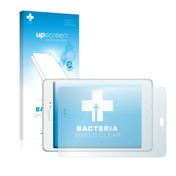 Face avant d’un emballage produit avec le logo de la marque upscreen. À côté, l’appareil Samsung Galaxy Tab A 8.0 est représen