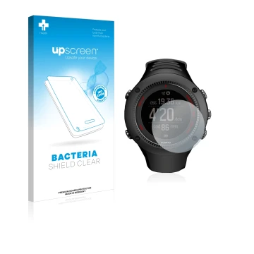 Face avant d’un emballage produit avec le logo de la marque upscreen. À côté, l’appareil Suunto Ambit3 Run Black est représent