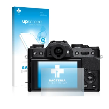 Face avant d’un emballage produit avec le logo de la marque upscreen. À côté, l’appareil Fujifilm X-T10 est représenté avec la