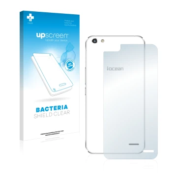 Face avant d’un emballage produit avec le logo de la marque upscreen. À côté, l’appareil iOcean X9 (Arrière) est représenté av