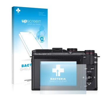 Face avant d’un emballage produit avec le logo de la marque upscreen. À côté, l’appareil Canon PowerShot G3 X est représenté a