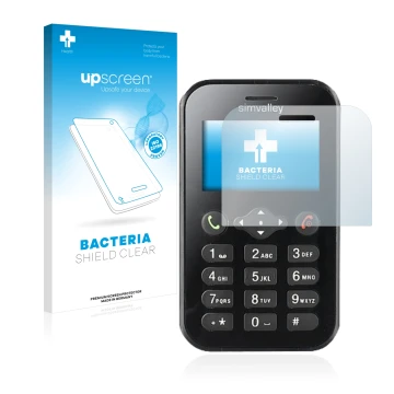 Face avant d’un emballage produit avec le logo de la marque upscreen. À côté, l’appareil Simvalley Mobile RX-484 Pico est repr