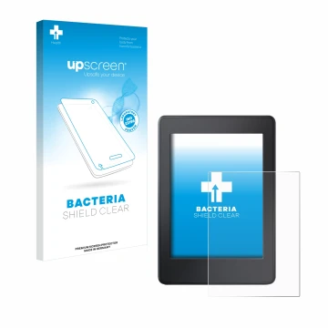 Face avant d’un emballage produit avec le logo de la marque upscreen. À côté, l’appareil Amazon Kindle Paperwhite 2015 (7ème G