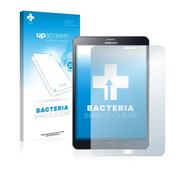 Face avant d’un emballage produit avec le logo de la marque upscreen. À côté, l’appareil Samsung Galaxy Tab Tab S2 8.0 LTE est