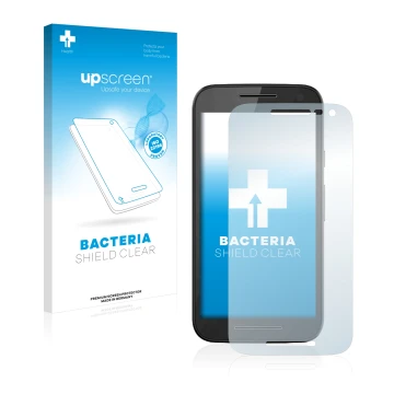 Face avant d’un emballage produit avec le logo de la marque upscreen. À côté, l’appareil Motorola Moto G 3rd 2015 est représen