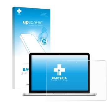 Face avant d’un emballage produit avec le logo de la marque upscreen. À côté, l’appareil Apple MacBook Retina Pro 13
