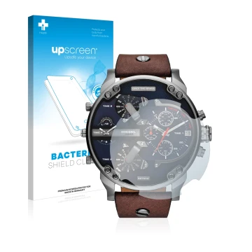 Face avant d’un emballage produit avec le logo de la marque upscreen. À côté, l’appareil Diesel DZ7314 Mr. Daddy est représent