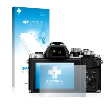 Face avant d’un emballage produit avec le logo de la marque upscreen. À côté, l’appareil Olympus OM-D E-M10 Mark II est représ