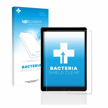 Face avant d’un emballage produit avec le logo de la marque upscreen. À côté, l’appareil Apple iPad Pro 12.9