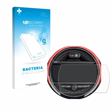 Face avant d’un emballage produit avec le logo de la marque upscreen. À côté, l’appareil Mini Cooper R56 (6.5