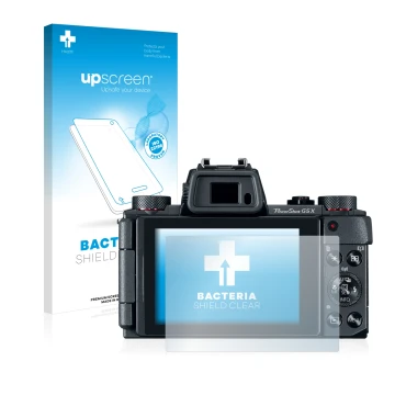 Face avant d’un emballage produit avec le logo de la marque upscreen. À côté, l’appareil Canon PowerShot G5 X est représenté a