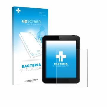 Face avant d’un emballage produit avec le logo de la marque upscreen. À côté, l’appareil est représenté avec la protection d’é