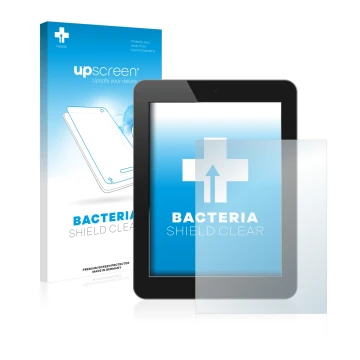 Face avant d’un emballage produit avec le logo de la marque upscreen. À côté, l’appareil est représenté avec la protection d’é