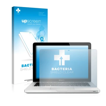 Face avant d’un emballage produit avec le logo de la marque upscreen. À côté, l’appareil Apple MacBook Pro 13
