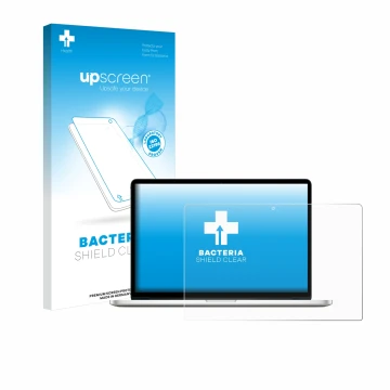 Face avant d’un emballage produit avec le logo de la marque upscreen. À côté, l’appareil Apple MacBook Pro Retina 15
