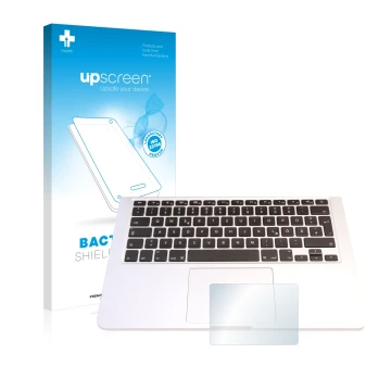 Face avant d’un emballage produit avec le logo de la marque upscreen. À côté, l’appareil Apple MacBook Pro 13.3