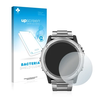 Face avant d’un emballage produit avec le logo de la marque upscreen. À côté, l’appareil Garmin Fenix 3 Saphir est représenté 