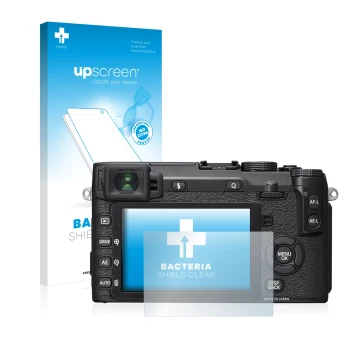 Face avant d’un emballage produit avec le logo de la marque upscreen. À côté, l’appareil Fujifilm X-E2S est représenté avec la