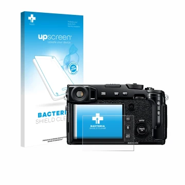 Face avant d’un emballage produit avec le logo de la marque upscreen. À côté, l’appareil Fujifilm X-Pro2 est représenté avec l