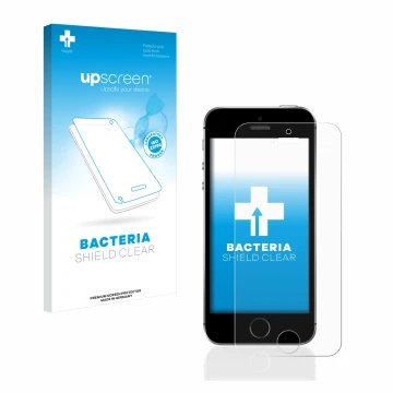Face avant d’un emballage produit avec le logo de la marque upscreen. À côté, l’appareil Apple iPhone SE 2016 est représenté a