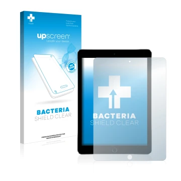 Face avant d’un emballage produit avec le logo de la marque upscreen. À côté, l’appareil Apple iPad Pro 9.7
