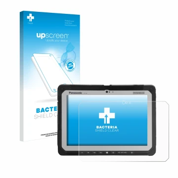 Face avant d’un emballage produit avec le logo de la marque upscreen. À côté, l’appareil Panasonic Toughbook CF-20 MK1 est rep