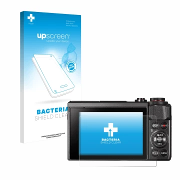 Face avant d’un emballage produit avec le logo de la marque upscreen. À côté, l’appareil Canon PowerShot G7 X Mark II est repr