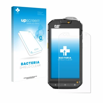 Face avant d’un emballage produit avec le logo de la marque upscreen. À côté, l’appareil Caterpillar Cat S60 est représenté av
