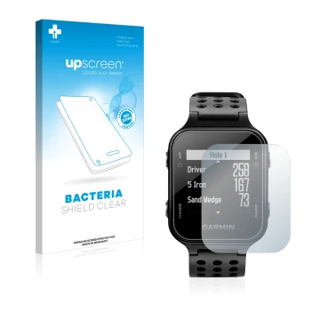 Face avant d’un emballage produit avec le logo de la marque upscreen. À côté, l’appareil Garmin Approach S20 est représenté av