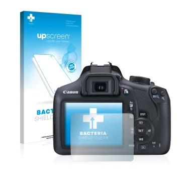 Face avant d’un emballage produit avec le logo de la marque upscreen. À côté, l’appareil Canon EOS 1300D est représenté avec l