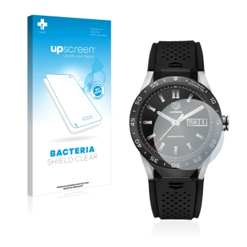 Face avant d’un emballage produit avec le logo de la marque upscreen. À côté, l’appareil TAG Heuer Connected 46 est représenté