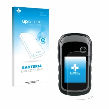 Face avant d’un emballage produit avec le logo de la marque upscreen. À côté, l’appareil Garmin eTrex 30x est représenté avec 