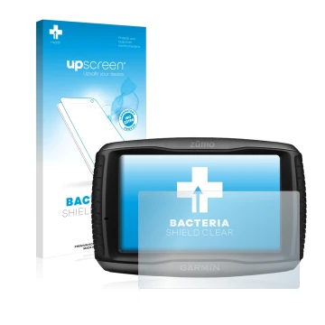 Face avant d’un emballage produit avec le logo de la marque upscreen. À côté, l’appareil Garmin zumo 595LM est représenté avec