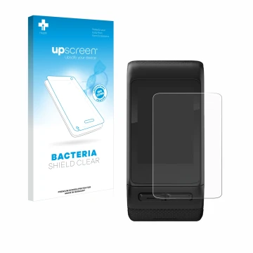 Face avant d’un emballage produit avec le logo de la marque upscreen. À côté, l’appareil Garmin vivoactive HR est représenté a