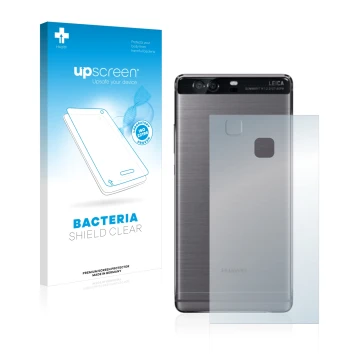 Face avant d’un emballage produit avec le logo de la marque upscreen. À côté, l’appareil Huawei P9 Plus (Arrière) est représen