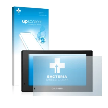 Face avant d’un emballage produit avec le logo de la marque upscreen. À côté, l’appareil Garmin DriveSmart 50 LMT-D est représ