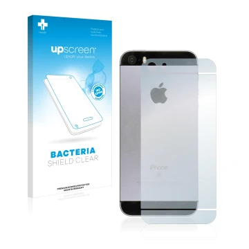 Face avant d’un emballage produit avec le logo de la marque upscreen. À côté, l’appareil Apple iPhone SE 2016 Le dos (tutt la 