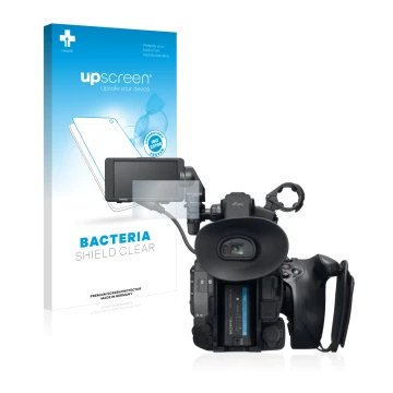 Face avant d’un emballage produit avec le logo de la marque upscreen. À côté, l’appareil Sony PXW-FS5 est représenté avec la p