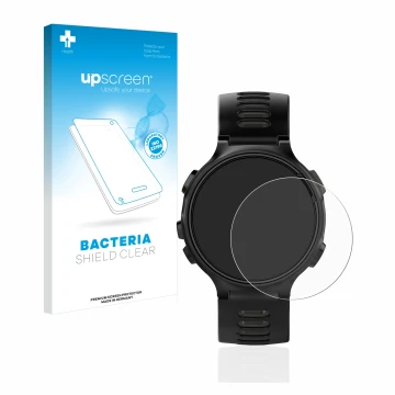 Face avant d’un emballage produit avec le logo de la marque upscreen. À côté, l’appareil Garmin Forerunner 735XT est représent