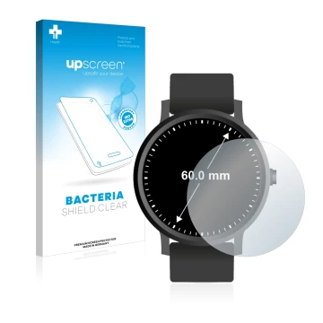 Face avant d’un emballage produit avec le logo de la marque upscreen. À côté, l’appareil Montres (Circulaire, ø: 60 mm) est re