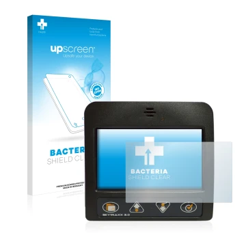 Face avant d’un emballage produit avec le logo de la marque upscreen. À côté, l’appareil Skytraxx 3.0 Vario est représenté ave