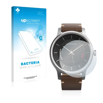 Face avant d’un emballage produit avec le logo de la marque upscreen. À côté, l’appareil Garmin vivomove est représenté avec l