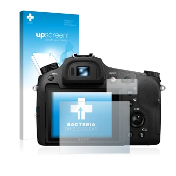 Face avant d’un emballage produit avec le logo de la marque upscreen. À côté, l’appareil Sony Cyber-Shot DSC-RX10 III est repr