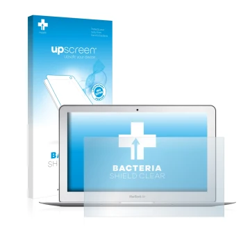 Face avant d’un emballage produit avec le logo de la marque upscreen. À côté, l’appareil Apple MacBook Air 11