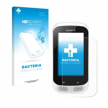 Face avant d’un emballage produit avec le logo de la marque upscreen. À côté, l’appareil Garmin Edge Explore 1000 est représen