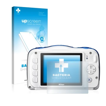 Face avant d’un emballage produit avec le logo de la marque upscreen. À côté, l’appareil Nikon Coolpix W100 est représenté ave