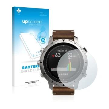 Face avant d’un emballage produit avec le logo de la marque upscreen. À côté, l’appareil Garmin Fenix Chronos est représenté a