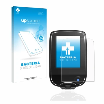 Face avant d’un emballage produit avec le logo de la marque upscreen. À côté, l’appareil Freestyle Libre est représenté avec l