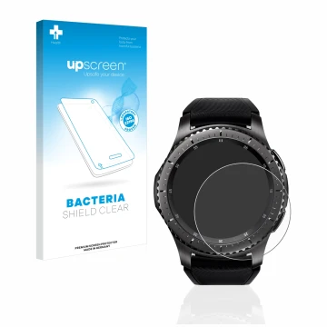 Face avant d’un emballage produit avec le logo de la marque upscreen. À côté, l’appareil Samsung Gear S3 Frontier est représen